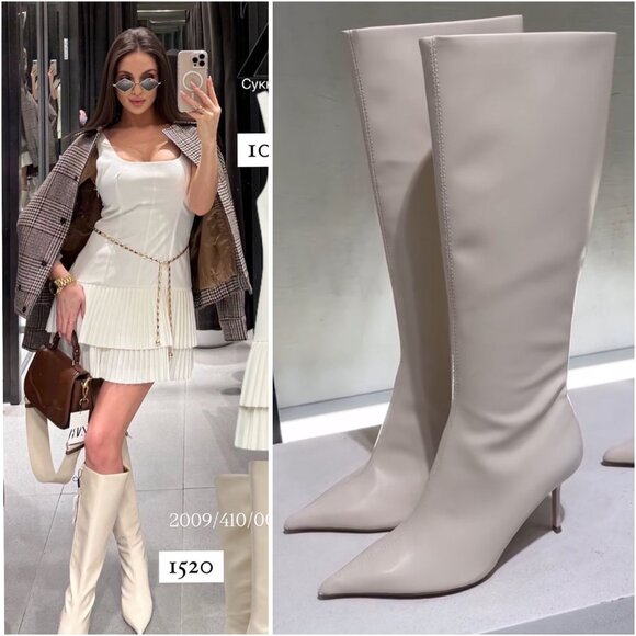 NWT Zara White Knee High Heel Boots Pointed Toe Size 39 US 8 TikTok Blogger Fave - Picture 1 of 15